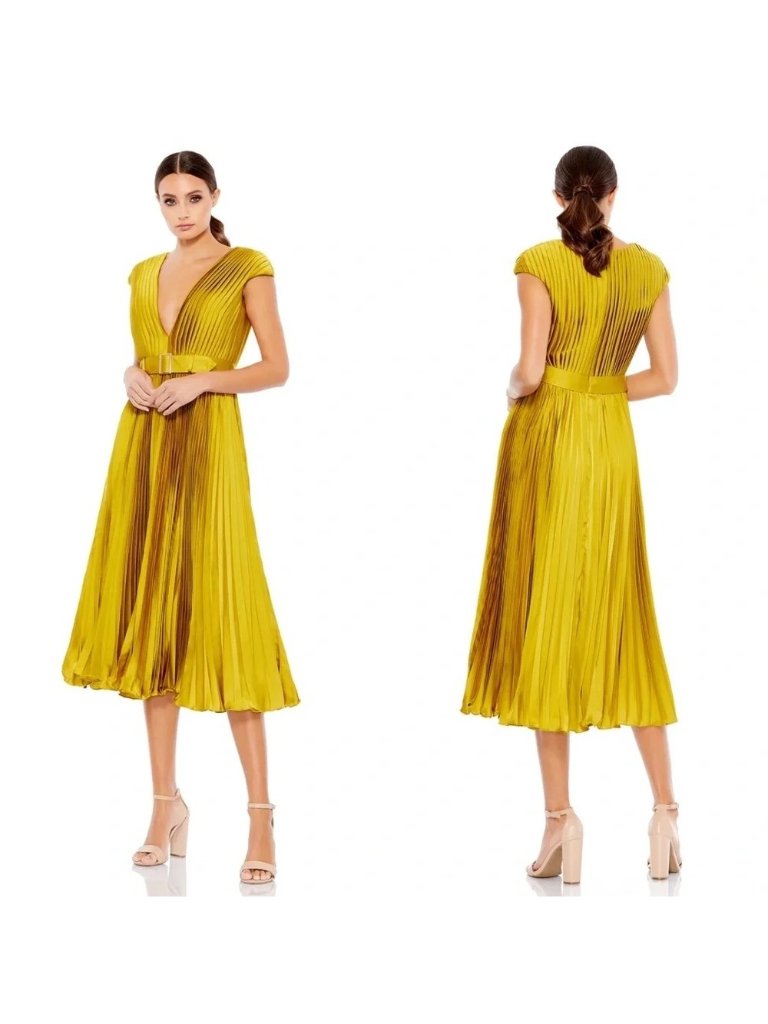 Mac Duggal Pleated Cap Sleeve Belted A-Line Dress Size 10